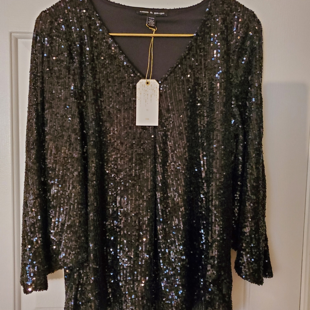 Cable and Gauge Cold Shoulder Sequin Top-M